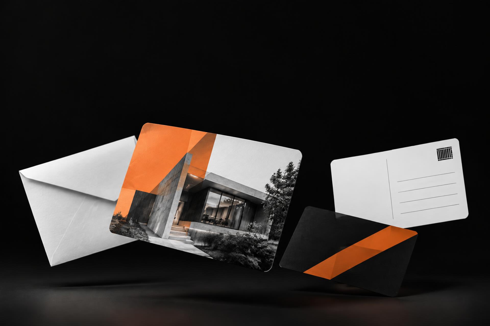 Orange and black postcards and envelopes in a dark studio